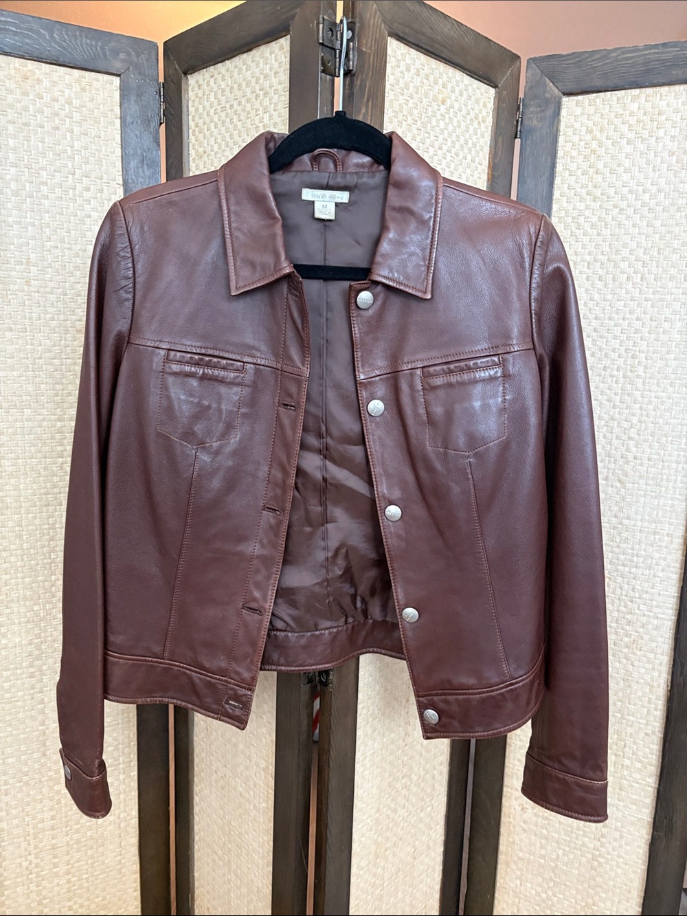 Women’s Chocolate Brown Leather Jacket with Classic Collar